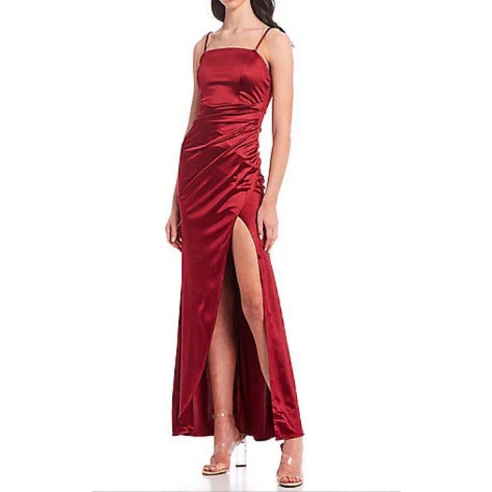 Honey and Rosie Square Neck Side Slit Maxi Slip Dress Large Red Y2K Holiday Red